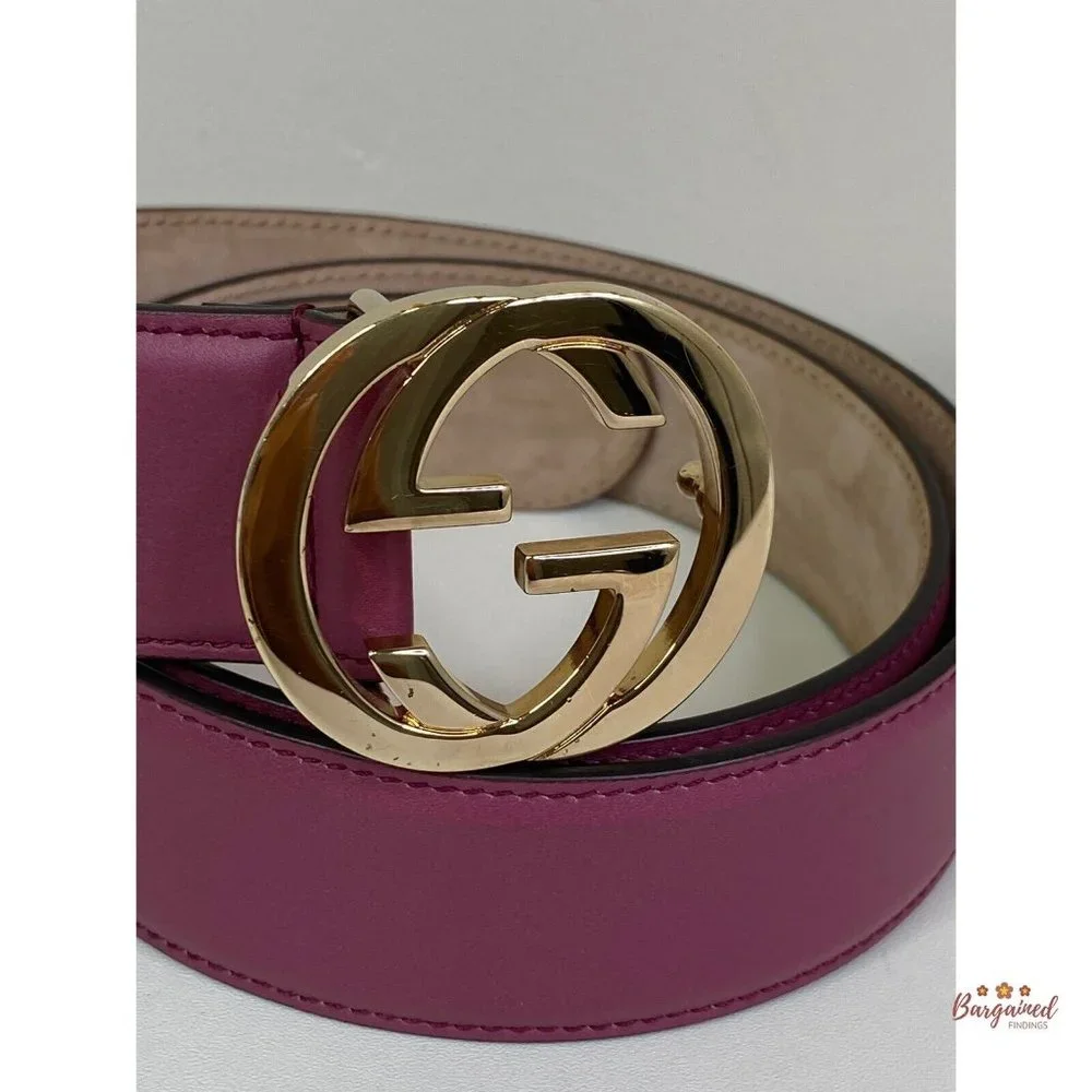 Authentic Gucci Pink Calfskin Leather Gold Interlocking G Buckle Belt 85/34 - Picture 2 of 12